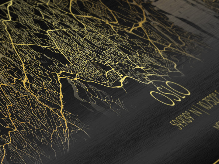 Oslo Norway City Poster, Panoramic street map, black and gold, Metallic Gold Art, Metal Art, wood framed map, City Map Print Poster