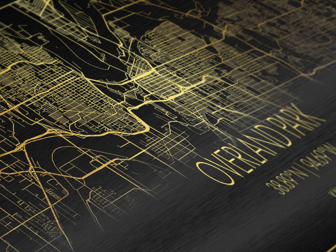 Overland Park Kansas City street map, Panoramic art, black and gold, Metallic Gold Print, Metal Art, real wood frames, Minimalist Wall Art