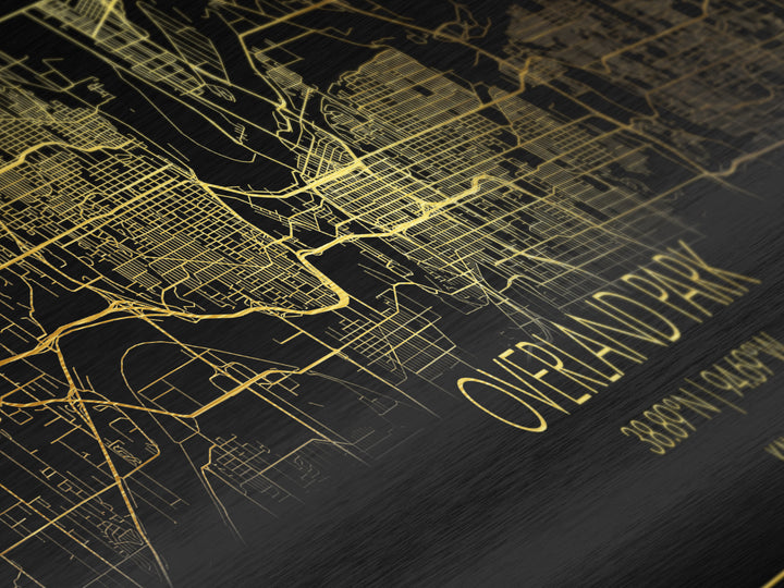 Overland Park Kansas City street map, Panoramic art, black and gold, Metallic Gold Print, Metal Art, real wood frames, Minimalist Wall Art