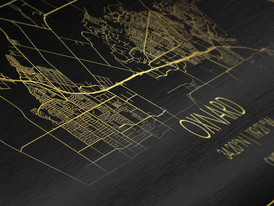 Oxnard California City Poster, Panoramic street map, black and gold, Metallic Gold Art, Metal Art, wood framed map, Housewarming Gift