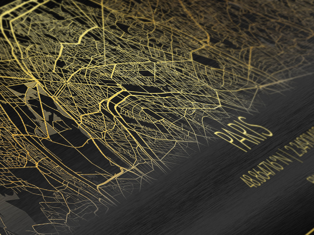 Paris France City street map, Panoramic art, black and gold, Metallic Gold Print, Metal Art, real wood frames, Modern House Art