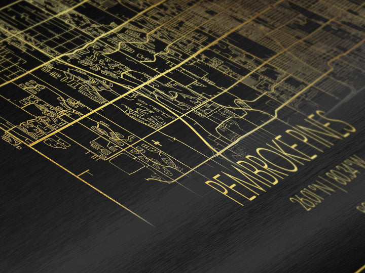 Pembroke Pines Florida City Poster, Panoramic street map, black and gold, Metallic Gold Art, Metal Art, wood framed map, Best Friend Gifts