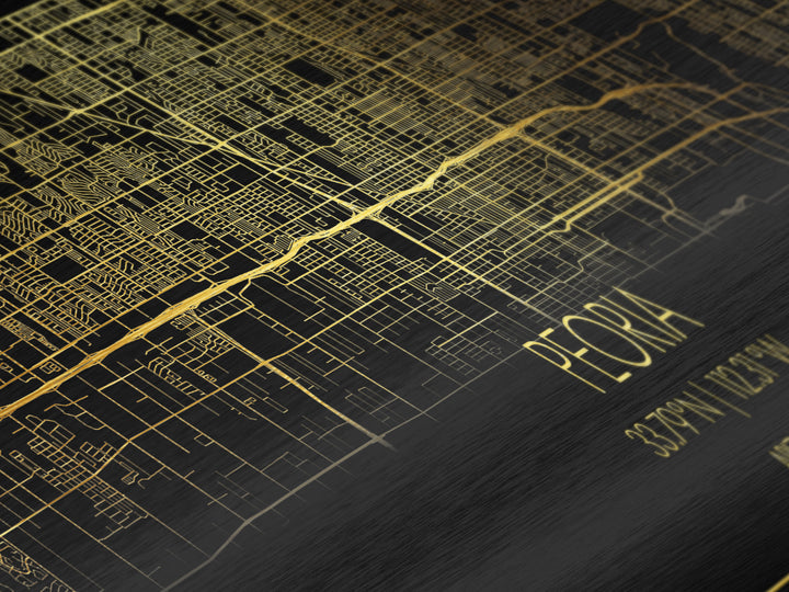Peoria Arizona City street map, Panoramic art, black and gold, Metallic Gold Print, Metal Art, real wood frames, Minimalist Wall Art, Wall Art