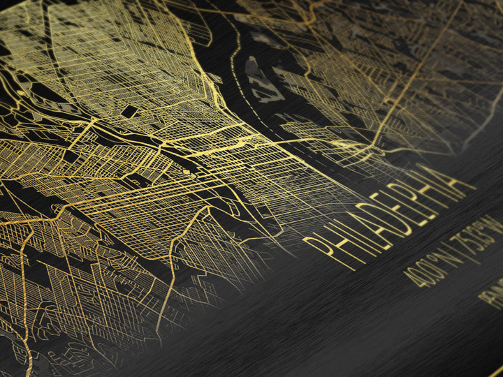 Philadelphia Pennsylvania City Poster, Panoramic street map, black and gold, Metallic Gold Art, Metal Art, wood framed map, Street Map Art