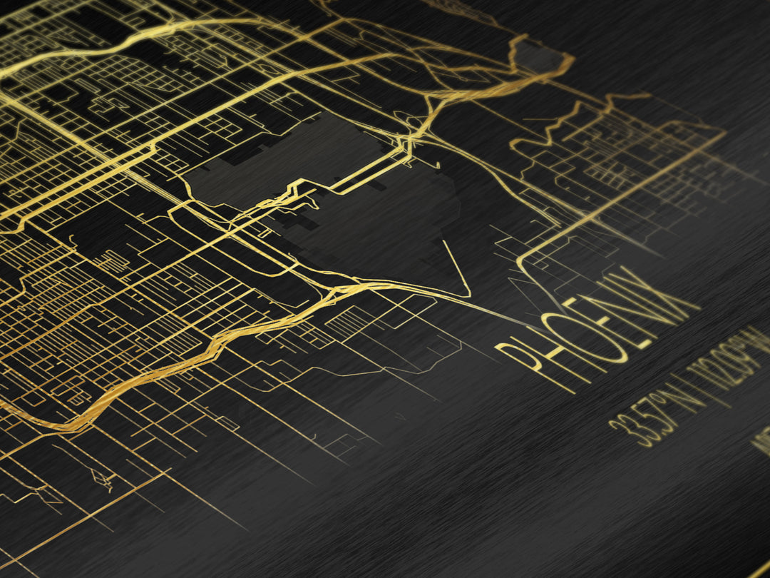Phoenix Arizona City street map, Panoramic art, black and gold, Metallic Gold Print, Metal Art, real wood frames, Housewarming Gift