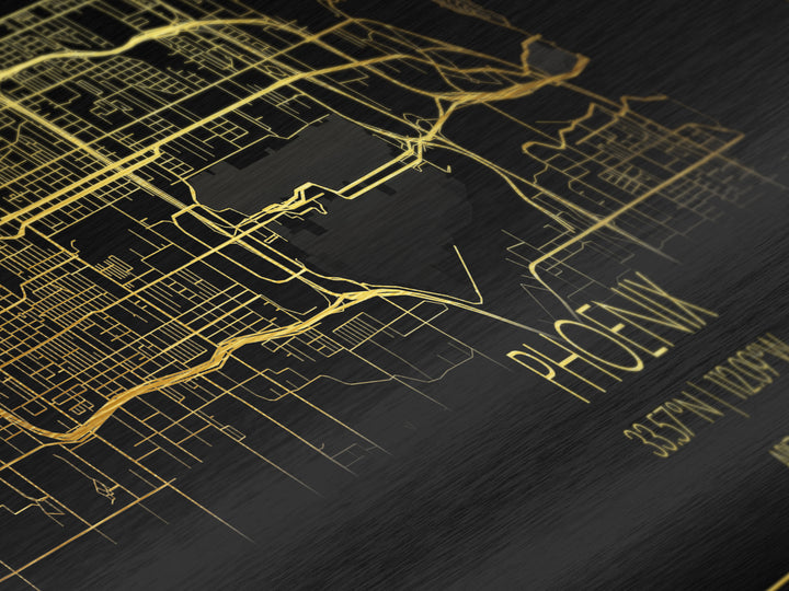 Phoenix Arizona City street map, Panoramic art, black and gold, Metallic Gold Print, Metal Art, real wood frames, Housewarming Gift