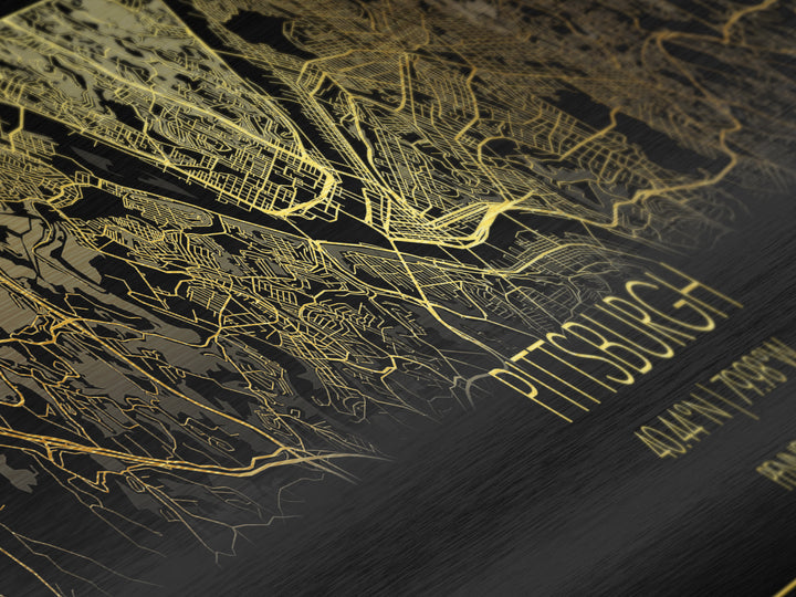 Pittsburgh Pennsylvania City Poster, Panoramic street map, black and gold, Metallic Gold Art, Metal Art, wood framed map, Closing Gift