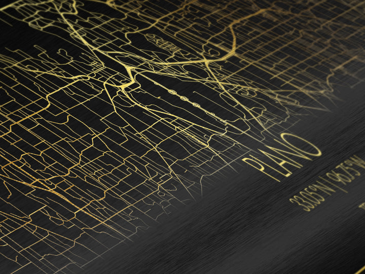Plano Texas City street map, Panoramic art, black and gold, Metallic Gold Print, Metal Art, real wood frames, City Map Print Poster