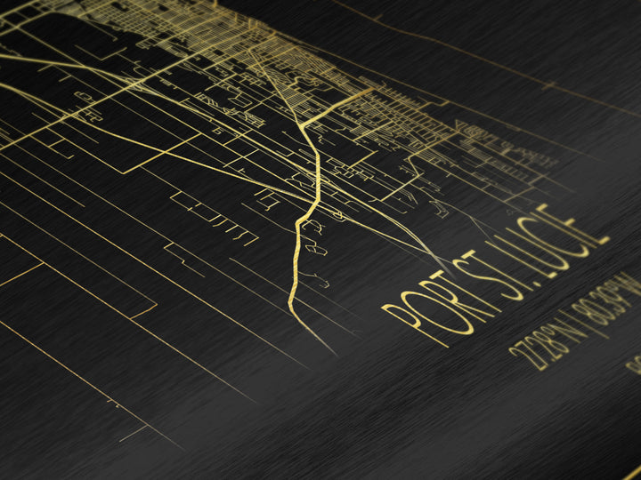 Port St. Lucie Florida City street map, Panoramic art, black and gold, Metallic Gold Print, Metal Art, real wood frames, Best Friend Gifts