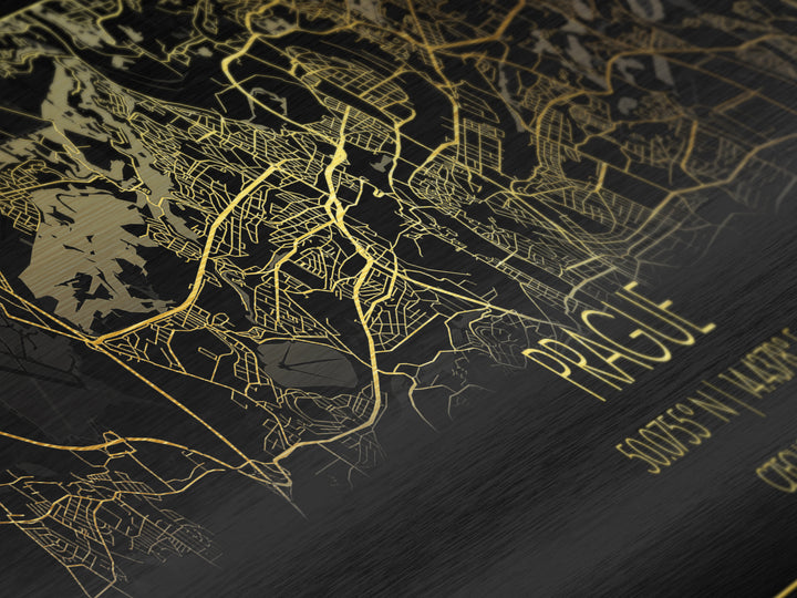 Prague Czech Republic City Poster, Panoramic street map, black and gold, Metallic Gold Art, Metal Art, wood framed map, Street Map Art