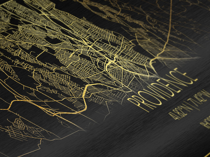 Providence Rhode Island City street map, Panoramic art, black and gold, Metallic Gold Print, Metal Art, real wood frames, College Dorm Décor