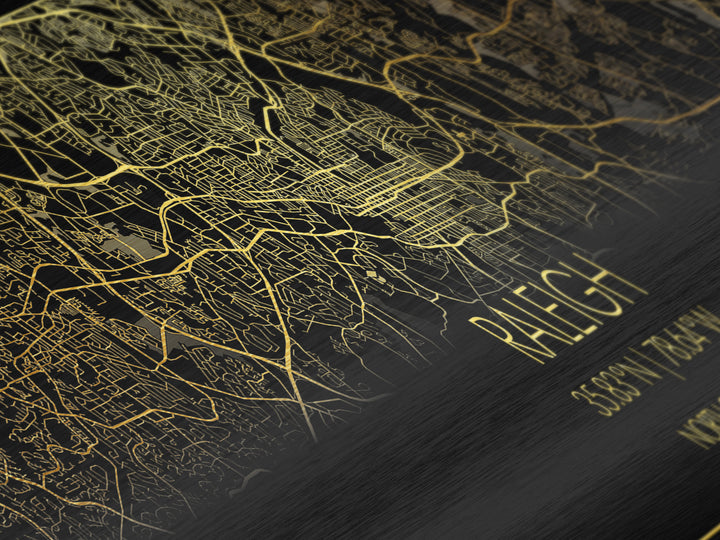 Raleigh North Carolina City Poster, Panoramic street map, black and gold, Metallic Gold Art, Metal Art, wood framed map, Modern Wall Art