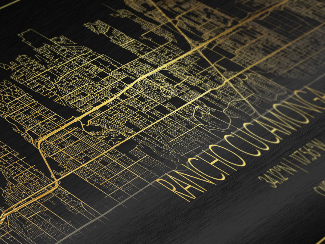 Rancho Cucamonga California street map, Panoramic art, black and gold, Metallic Gold Print, Metal Art, real wood frames, Housewarming Gift