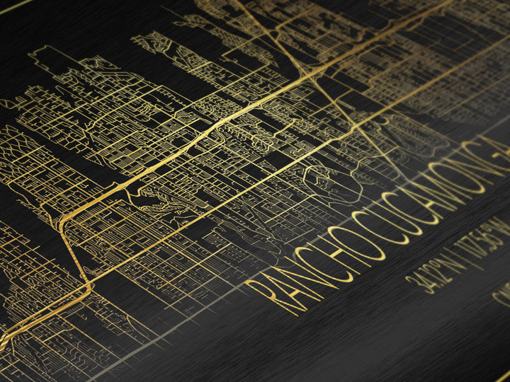 Rancho Cucamonga California street map, Panoramic art, black and gold, Metallic Gold Print, Metal Art, real wood frames, Housewarming Gift