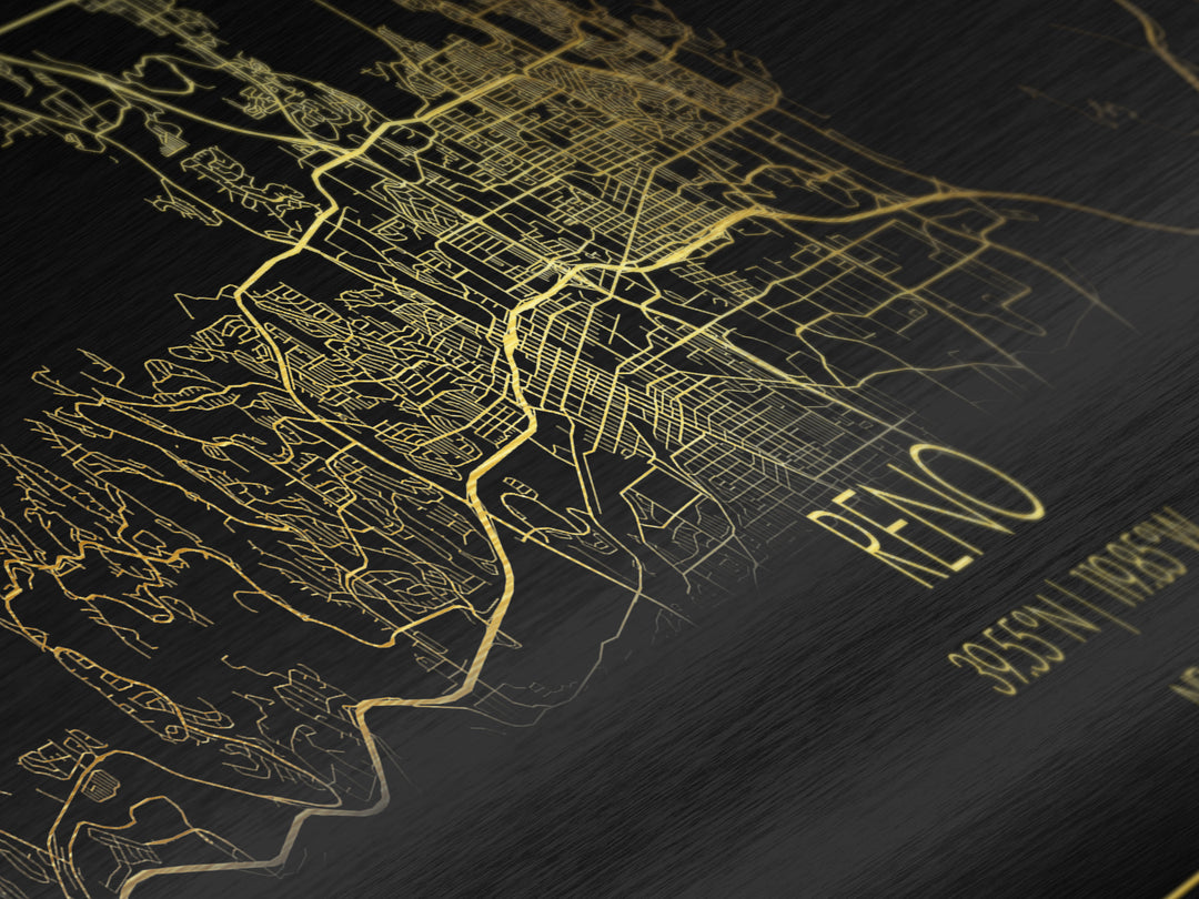 Reno Nevada City Poster, Panoramic street map, black and gold, Metallic Gold Art, Metal Art, wood framed map, Wall Art, Modern House Art
