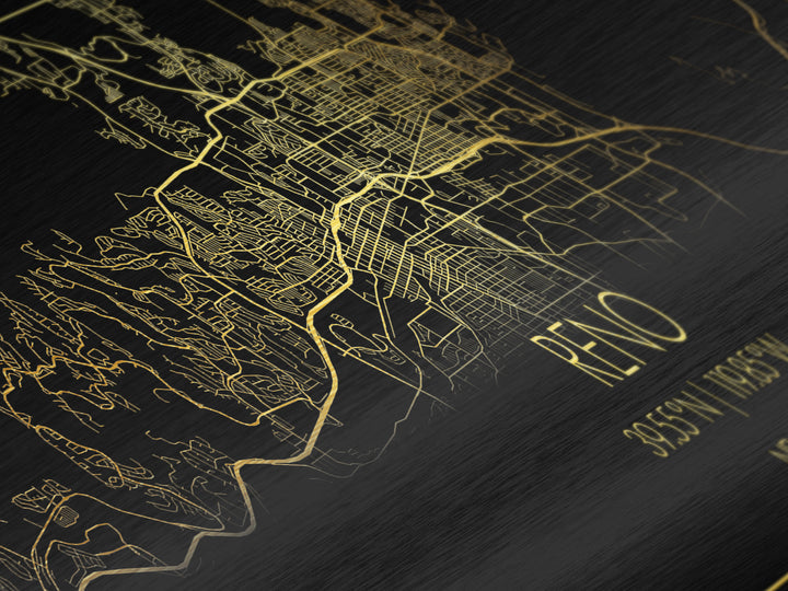 Reno Nevada City Poster, Panoramic street map, black and gold, Metallic Gold Art, Metal Art, wood framed map, Wall Art, Modern House Art