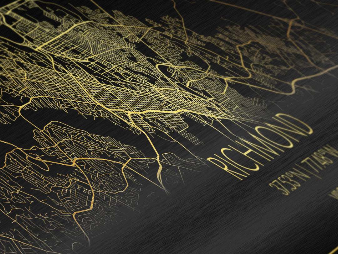 Richmond Virginia City street map, Panoramic art, black and gold, Metallic Gold Print, Metal Art, real wood frames, Street Map Art