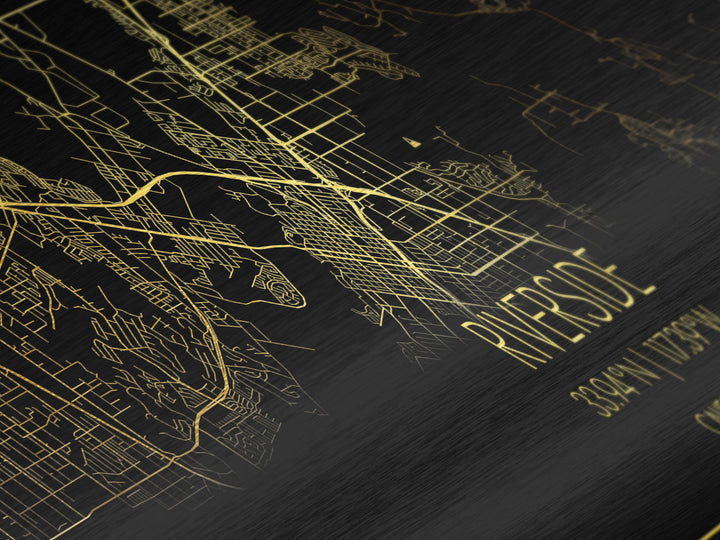 Riverside California City Poster, Panoramic street map, black and gold, Metallic Gold Art, Metal Art, wood framed map, City Map Print Poster