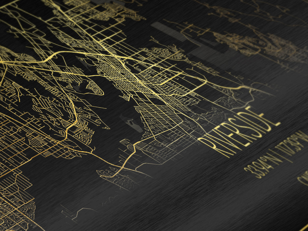 Riverside California City street map, Panoramic art, black and gold, Metallic Gold Print, Metal Art, real wood frames, Housewarming Gift