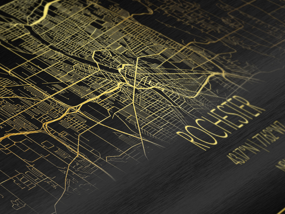 Rochester New York City Poster, Panoramic street map, black and gold, Metallic Gold Art, Metal Art, wood framed map, Modern Wall Art