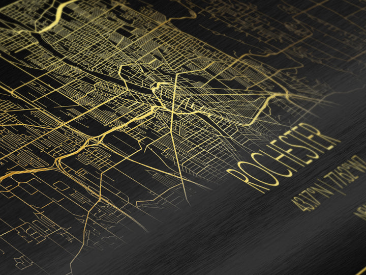Rochester New York City Poster, Panoramic street map, black and gold, Metallic Gold Art, Metal Art, wood framed map, Modern Wall Art