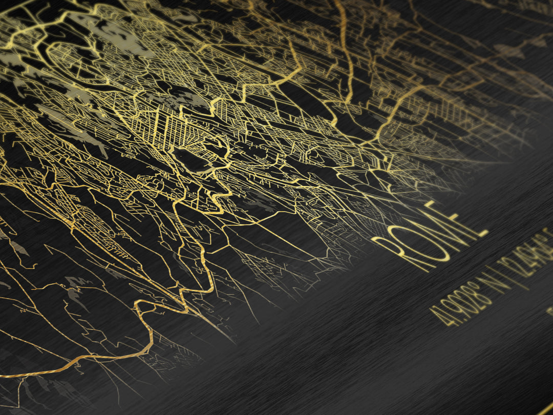 Rome Italy map, Panoramic art, black and gold, Metallic Gold Print, Metal Art, real wood frames, Street Map Art, City Map Print Poster