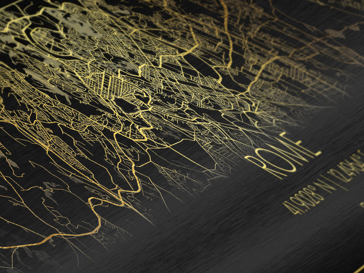 Rome Italy map, Panoramic art, black and gold, Metallic Gold Print, Metal Art, real wood frames, Street Map Art, City Map Print Poster