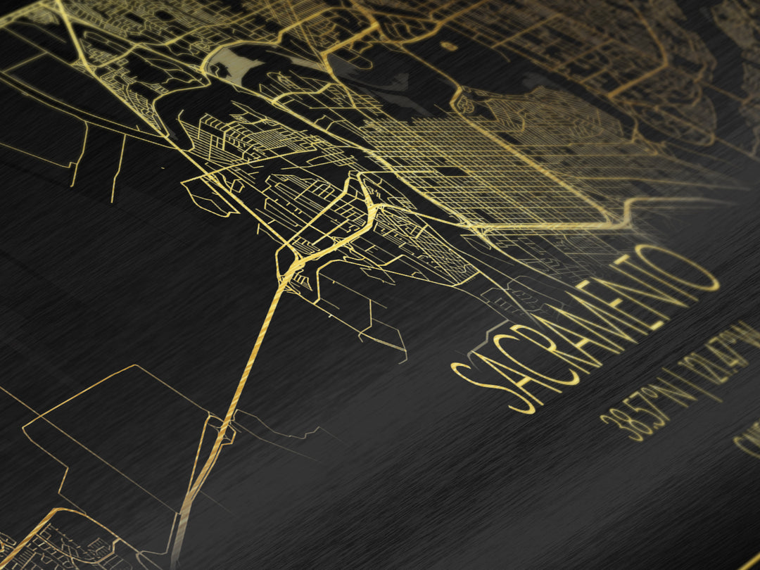 Sacramento California City Poster, Panoramic street map, black and gold, Metallic Gold Art, Metal Art, wood framed map, Minimalist Wall Art
