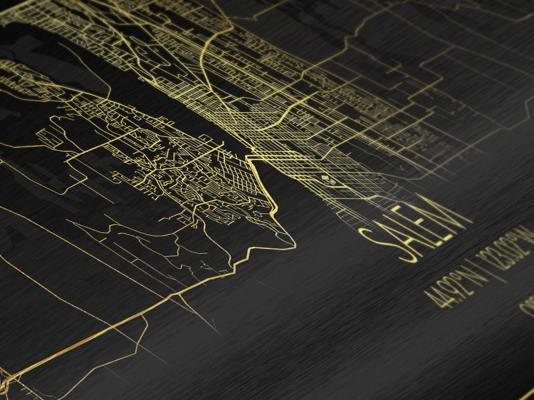 Salem Oregon City Poster, Panoramic street map, black and gold, Metallic Gold Art, Metal Art, wood framed map, City Map Print Poster