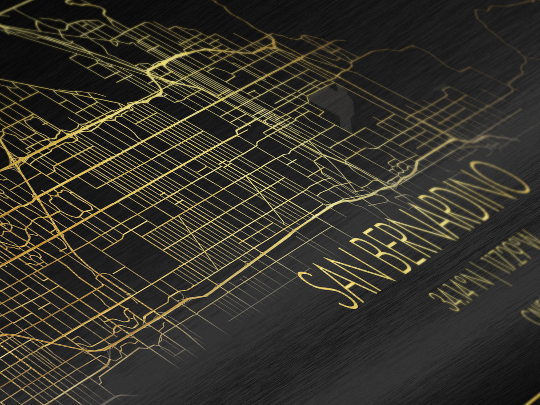 San Bernardino California City street map, Panoramic art, black and gold, Metallic Gold Print, Metal Art, real wood frames, Modern House Art