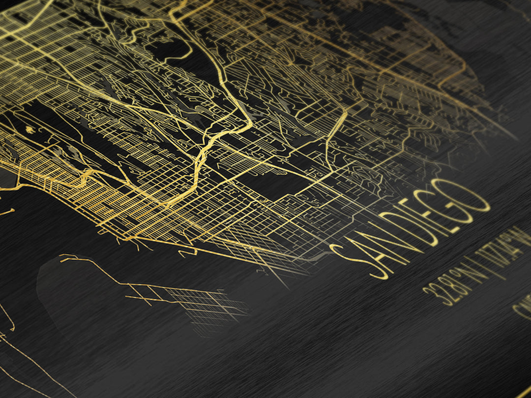 San Diego California City Poster, Panoramic street map, black and gold, Metallic Gold Art, Metal Art, wood framed map, City Map Print Poster