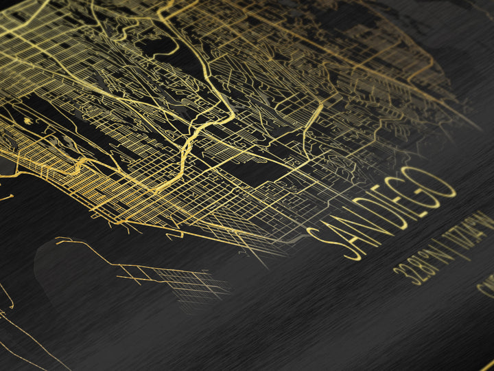 San Diego California City Poster, Panoramic street map, black and gold, Metallic Gold Art, Metal Art, wood framed map, City Map Print Poster
