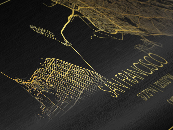 San Francisco California City street map, Panoramic art, black and gold, Metallic Gold Print, Metal Art, real wood frames, Housewarming Gift