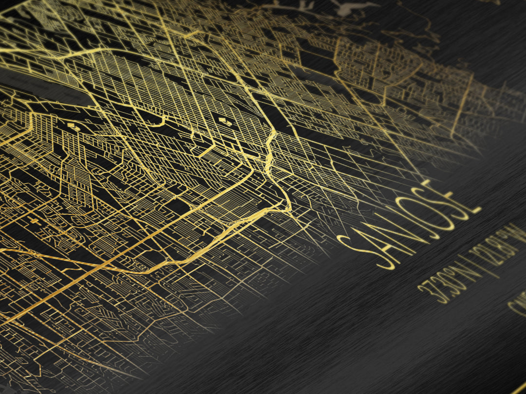 San Jose California City Poster, Panoramic street map, black and gold, Metallic Gold Art, Metal Art, wood framed map, Map Print Poster
