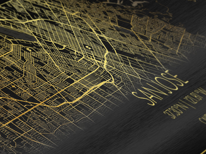 San Jose California City Poster, Panoramic street map, black and gold, Metallic Gold Art, Metal Art, wood framed map, Map Print Poster