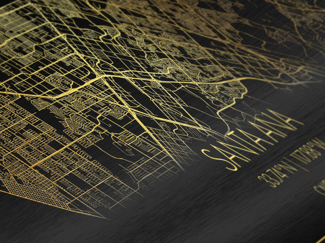 Santa Ana California City street map, Panoramic art, black and gold, Metallic Gold Print, Metal Art, real wood frames, Office Décor