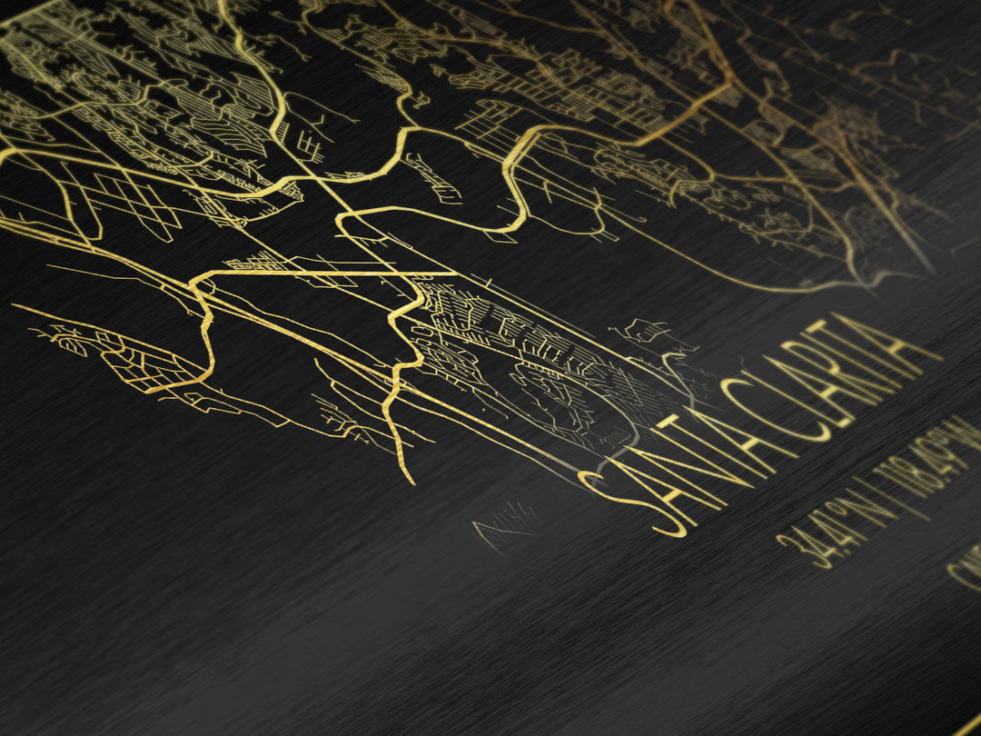Santa Clarita California City Poster, Panoramic street map, black and gold, Metallic Gold Art, Metal Art, wood framed map, Street Map Art