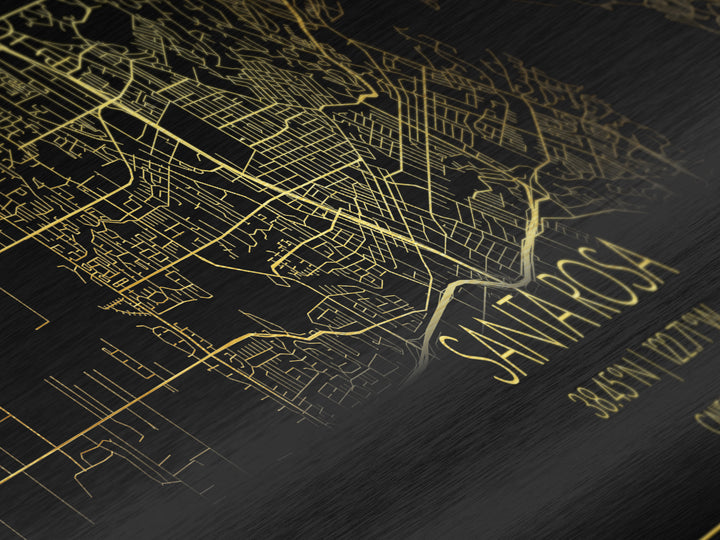 Santa Rosa California City street map, Panoramic art, black and gold, Metallic Gold Print, Metal Art, real wood frames, College Dorm Décor