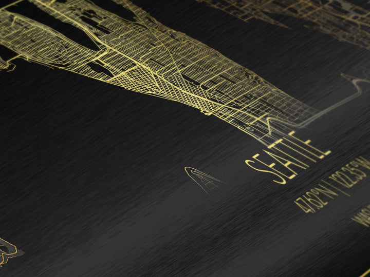 Seattle Washington City street map, Panoramic art, black and gold, Metallic Gold Print, Metal Art, real wood frames, Office Décor
