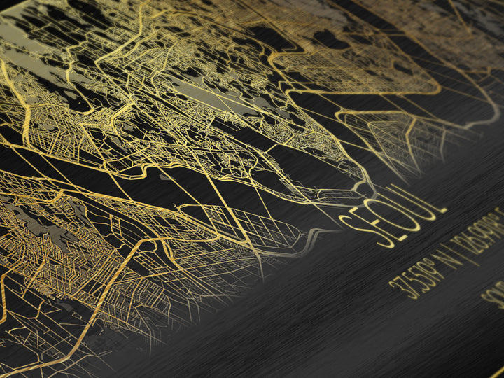 Seoul South Korea City Poster, Panoramic street map, black and gold, Metallic Gold Art, Metal Art, wood framed map, Modern Wall Art