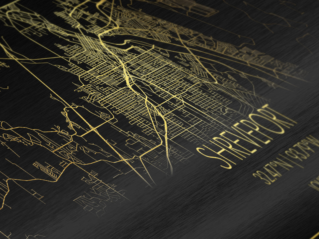 Shreveport Louisiana City street map, Panoramic art, black and gold, Metallic Gold Print, Metal Art, real wood frames, Housewarming Gift