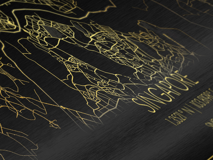 Singapore Singapore City Poster, Panoramic street map, black and gold, Metallic Gold Art, Metal Art, wood framed map, Office Décor
