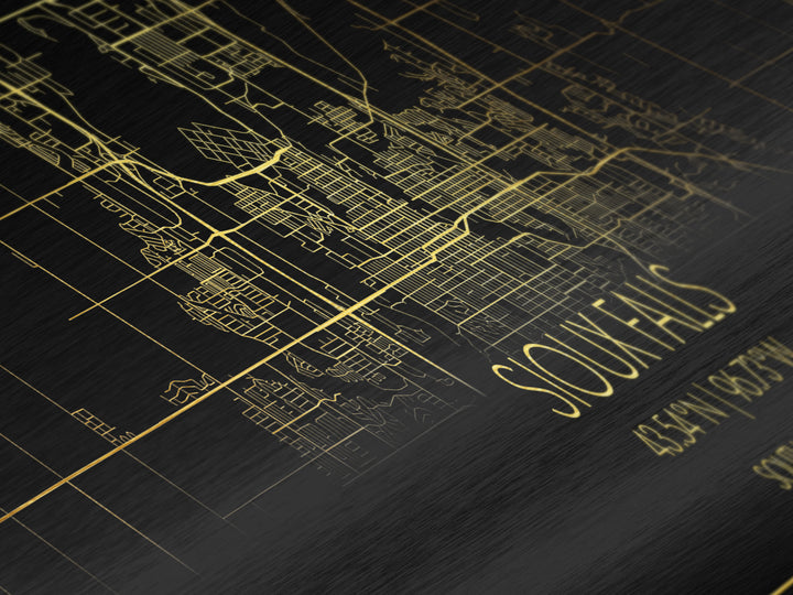 Sioux Falls South Dakota City street map, Panoramic art, black and gold, Metallic Gold Print, Metal Art, real wood frames, Best Friend Gifts