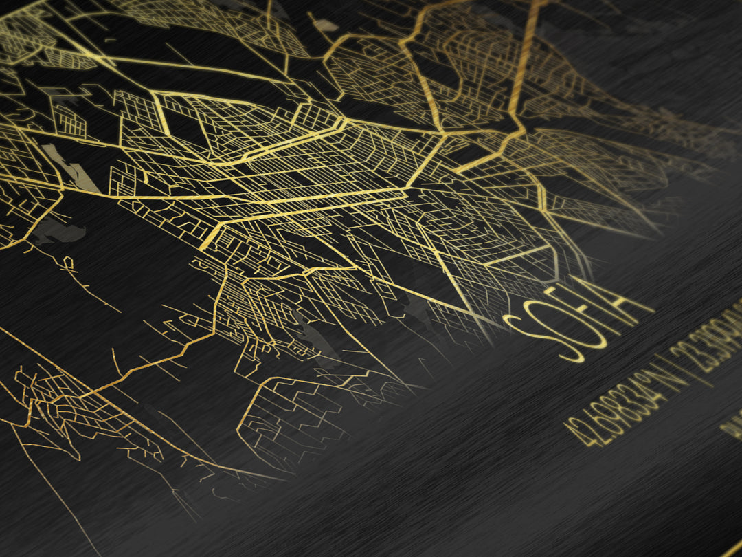 Sofia Bulgaria City Poster, Panoramic street map, black and gold, Metallic Gold Art, Metal Art, wood framed map, Wall Art, Street Map Art