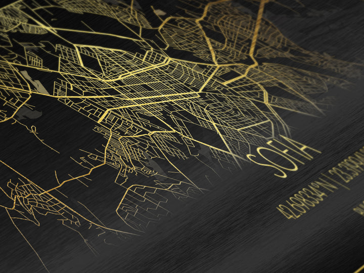 Sofia Bulgaria City Poster, Panoramic street map, black and gold, Metallic Gold Art, Metal Art, wood framed map, Wall Art, Street Map Art