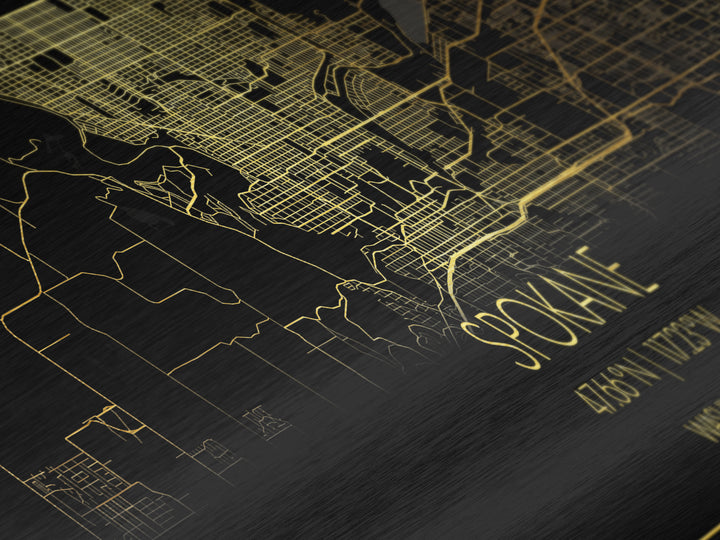 Spokane Washington City street map, Panoramic art, black and gold, Metallic Gold Print, Metal Art, real wood frames, Office Décor