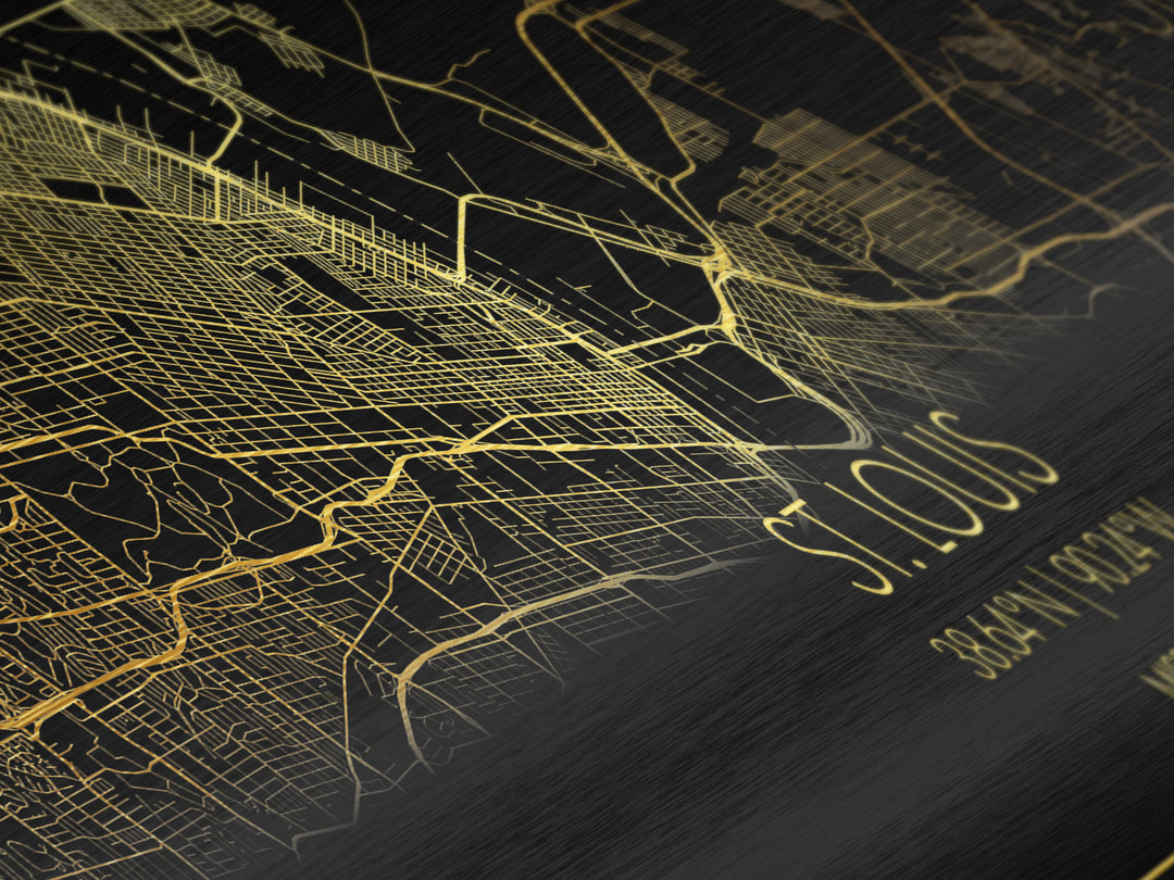 St. Louis Missouri map, Panoramic art, black and gold, Metallic Gold Print, Metal Art, real wood frames, Housewarming Gift, Map Print Poster