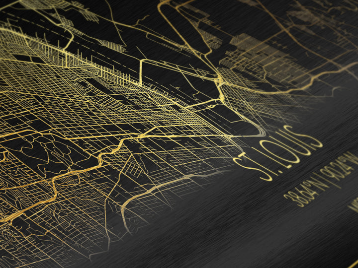 St. Louis Missouri map, Panoramic art, black and gold, Metallic Gold Print, Metal Art, real wood frames, Housewarming Gift, Map Print Poster