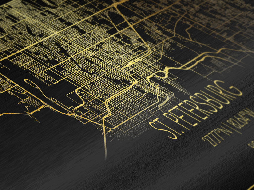 St. Petersburg Florida City street map, Panoramic art, black and gold, Metallic Gold Print, Metal Art, real wood frames, Map Print Poster