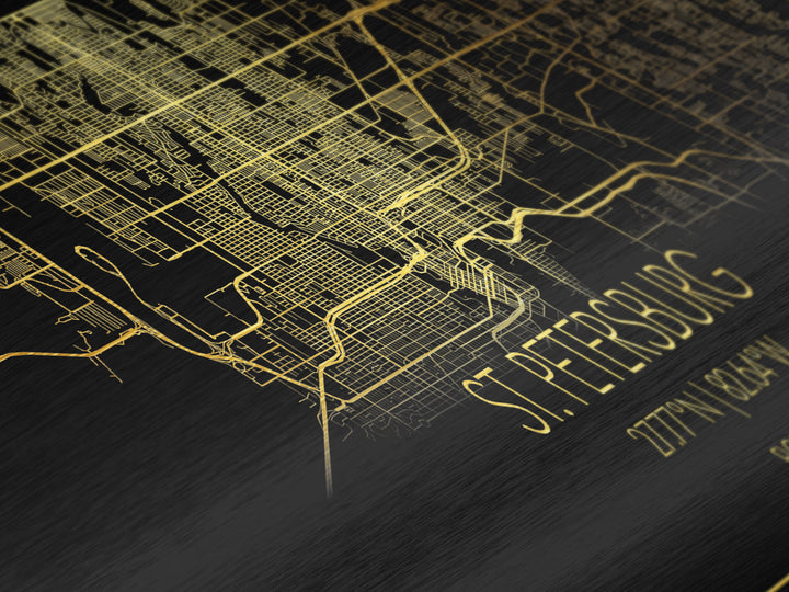 St. Petersburg Florida City street map, Panoramic art, black and gold, Metallic Gold Print, Metal Art, real wood frames, Map Print Poster